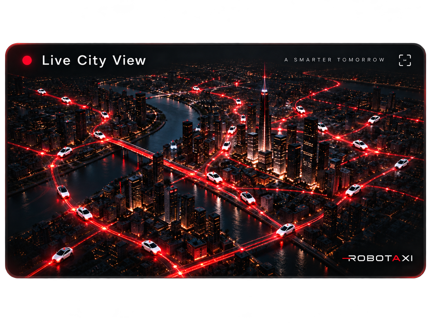 Futuristic city connected by illuminated robotaxi routes